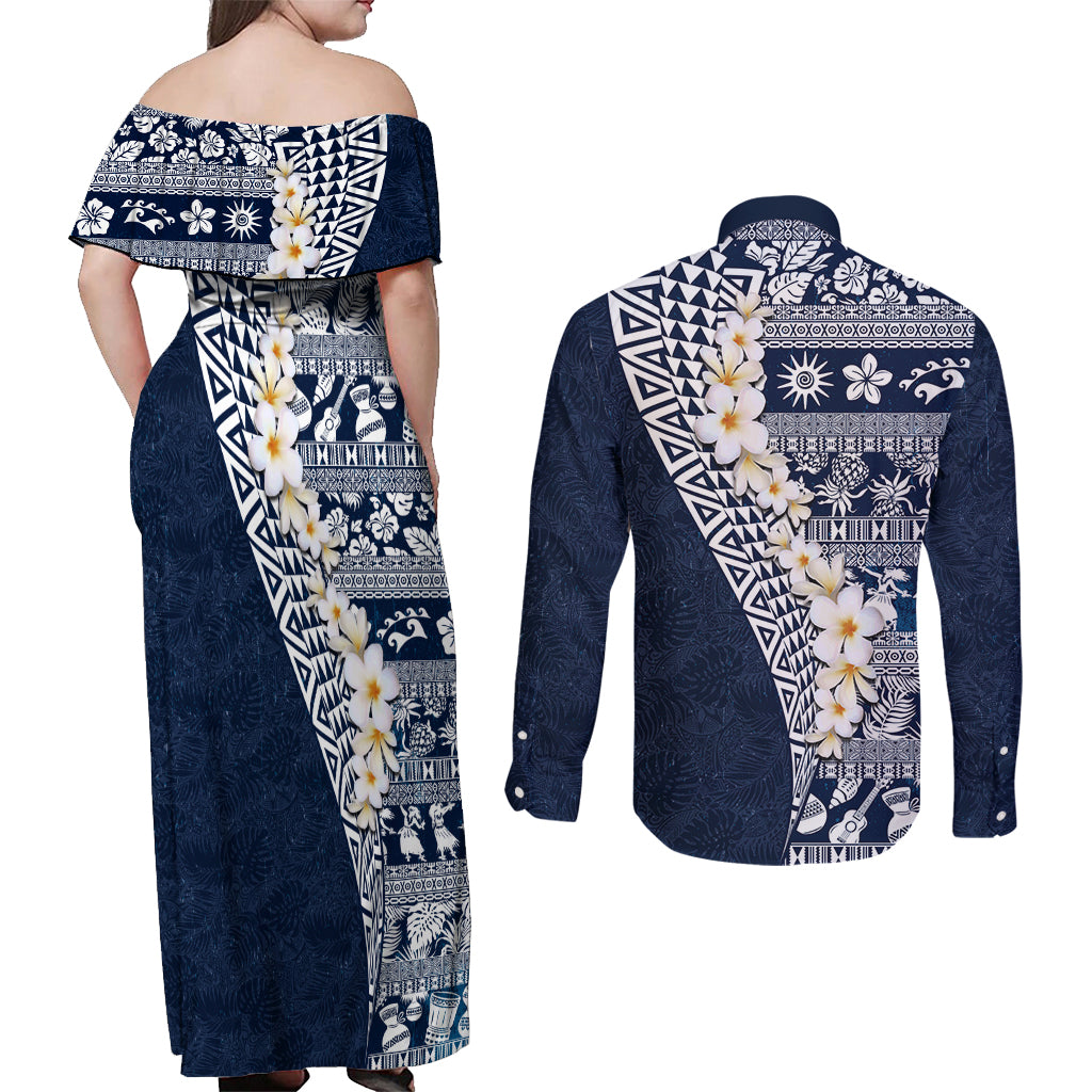 Hawaii Plumeria Tribal Vintage Couples Matching Off Shoulder Maxi Dress and Long Sleeve Button Shirt Special Blue