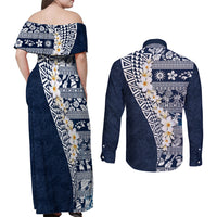 Hawaii Plumeria Tribal Vintage Couples Matching Off Shoulder Maxi Dress and Long Sleeve Button Shirt Special Blue