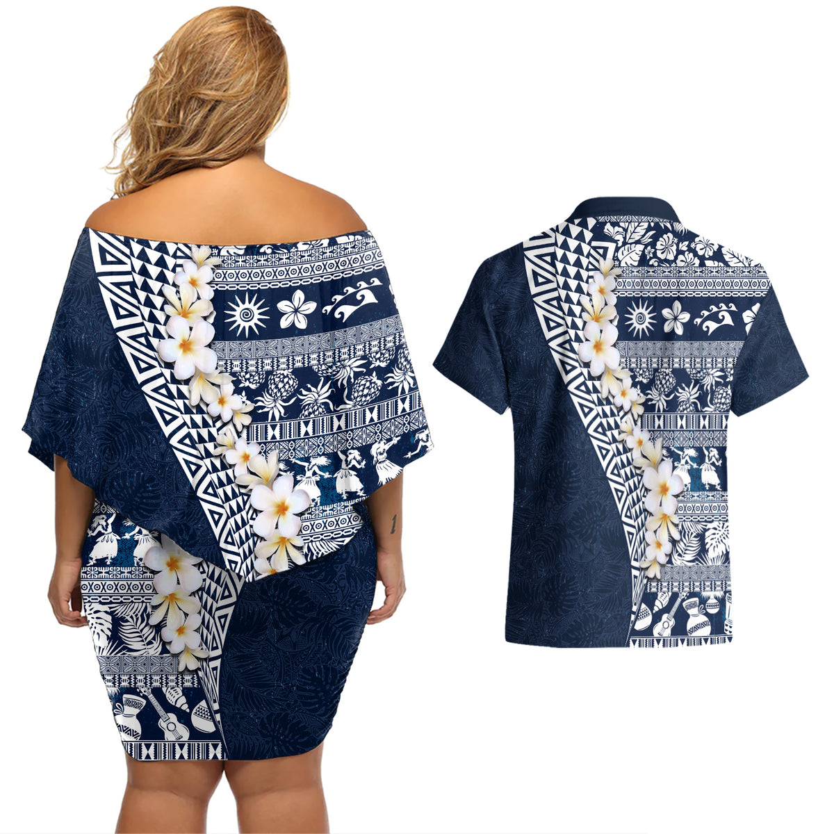 Hawaii Plumeria Tribal Vintage Couples Matching Off Shoulder Short Dress and Hawaiian Shirt Special Blue