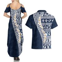 Hawaii Plumeria Tribal Vintage Couples Matching Summer Maxi Dress and Hawaiian Shirt Special Blue
