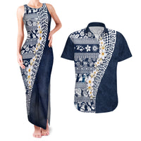 Hawaii Plumeria Tribal Vintage Couples Matching Tank Maxi Dress and Hawaiian Shirt Special Blue