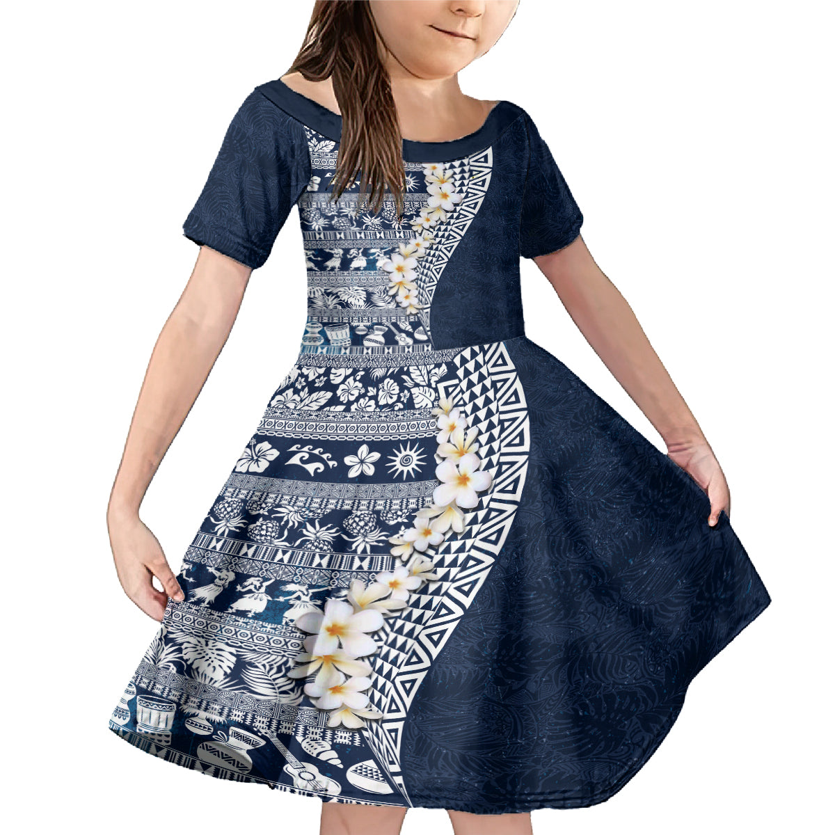 Hawaii Plumeria Tribal Vintage Family Matching Mermaid Dress and Hawaiian Shirt Special Blue LT03 Daughter's Dress Blue - Polynesian Pride
