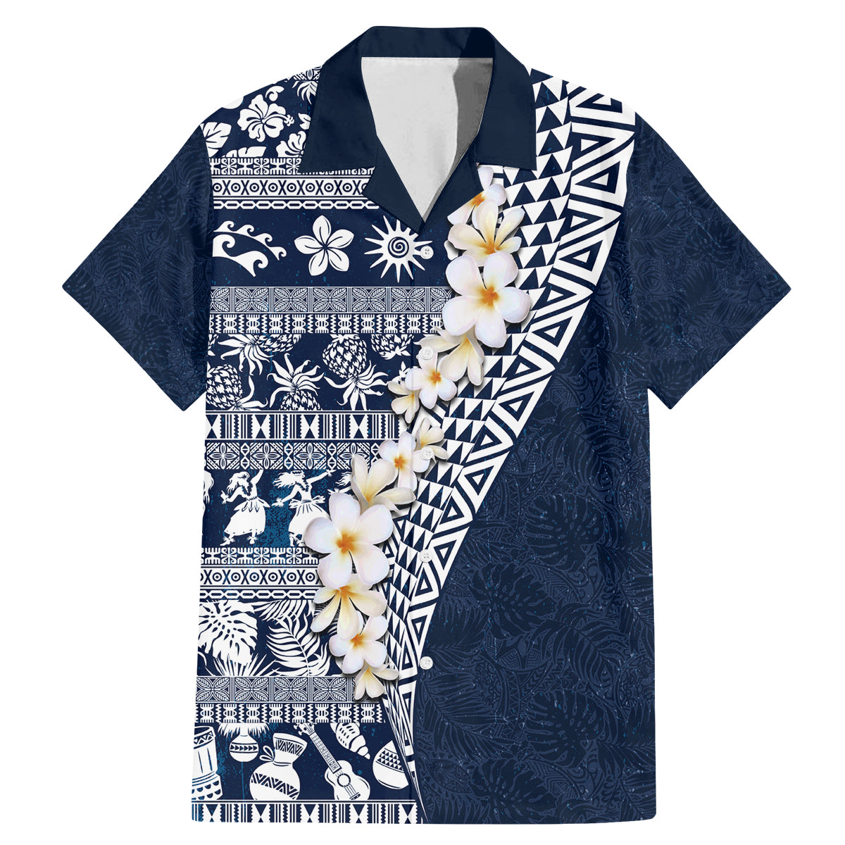 Hawaii Plumeria Tribal Vintage Family Matching Mermaid Dress and Hawaiian Shirt Special Blue LT03 Dad's Shirt - Short Sleeve Blue - Polynesian Pride