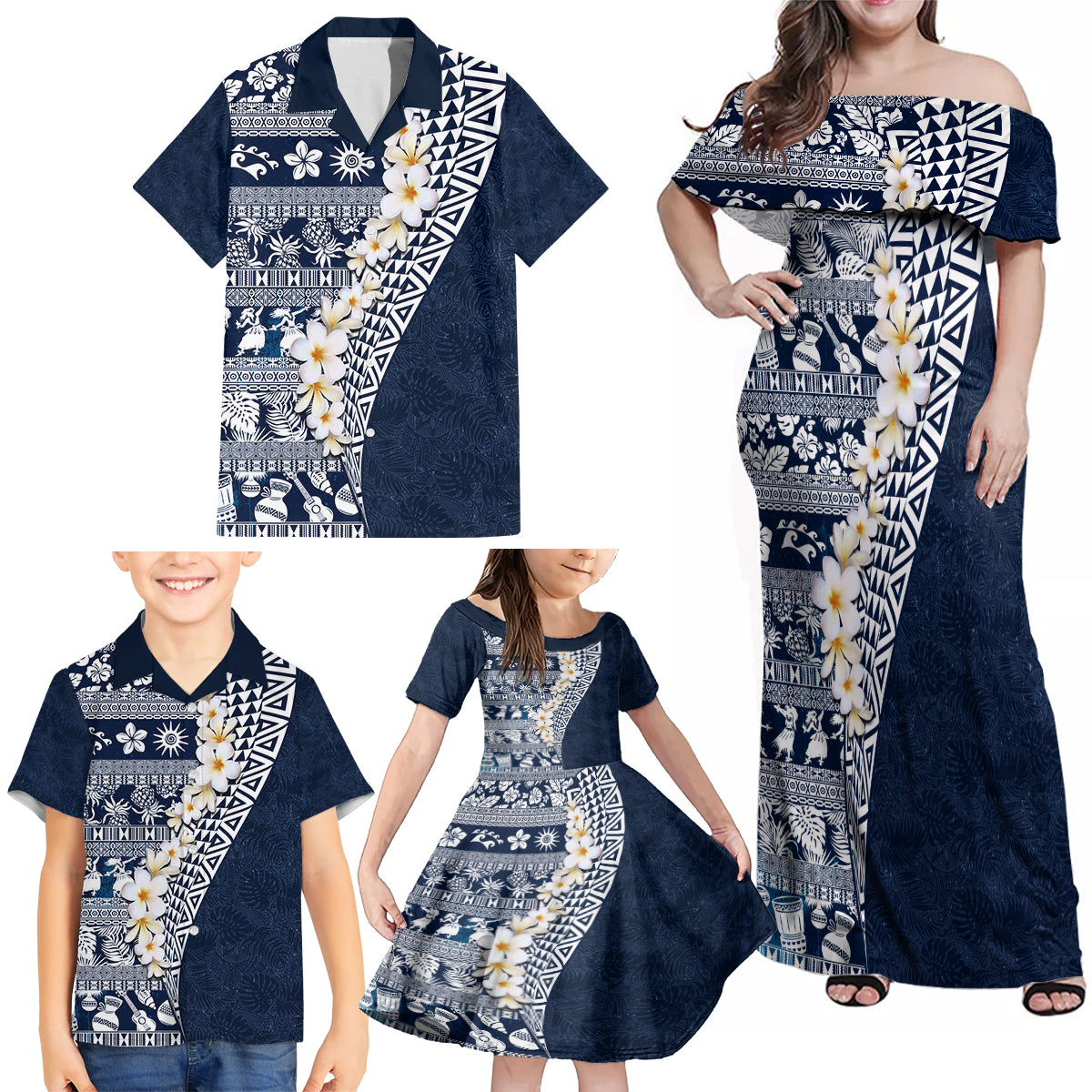 Hawaii Plumeria Tribal Vintage Family Matching Off Shoulder Maxi Dress and Hawaiian Shirt Special Blue LT03 - Polynesian Pride
