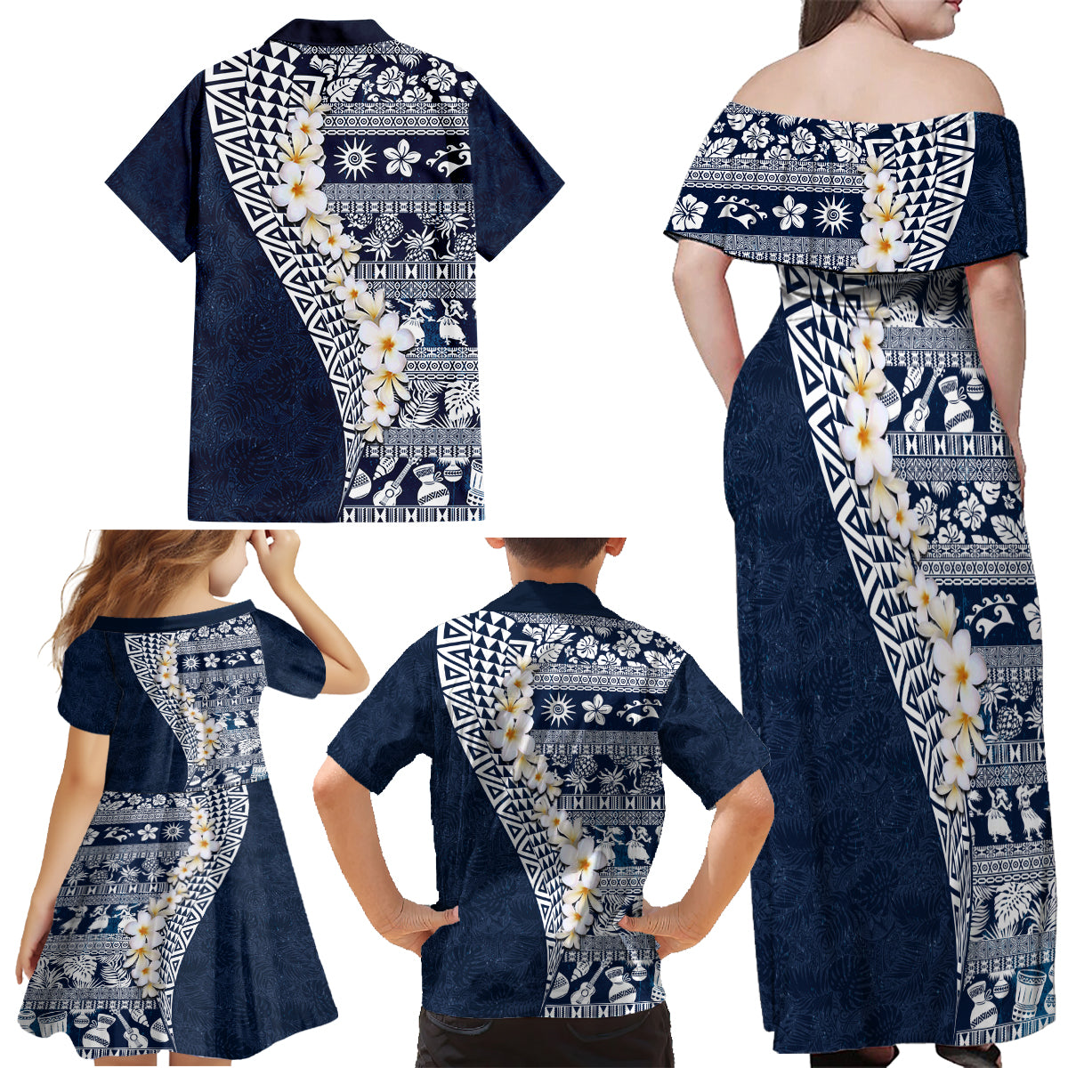Hawaii Plumeria Tribal Vintage Family Matching Off Shoulder Maxi Dress and Hawaiian Shirt Special Blue LT03 - Polynesian Pride