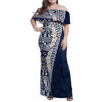 Hawaii Plumeria Tribal Vintage Family Matching Off Shoulder Maxi Dress and Hawaiian Shirt Special Blue LT03 Mom's Dress Blue - Polynesian Pride