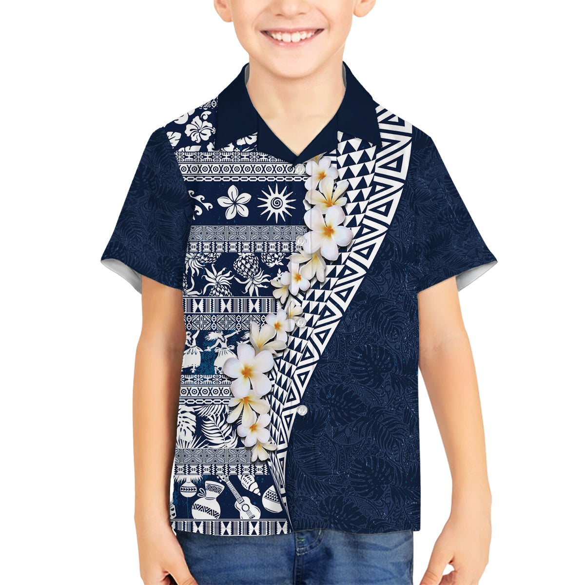 Hawaii Plumeria Tribal Vintage Family Matching Off Shoulder Maxi Dress and Hawaiian Shirt Special Blue LT03 Son's Shirt Blue - Polynesian Pride