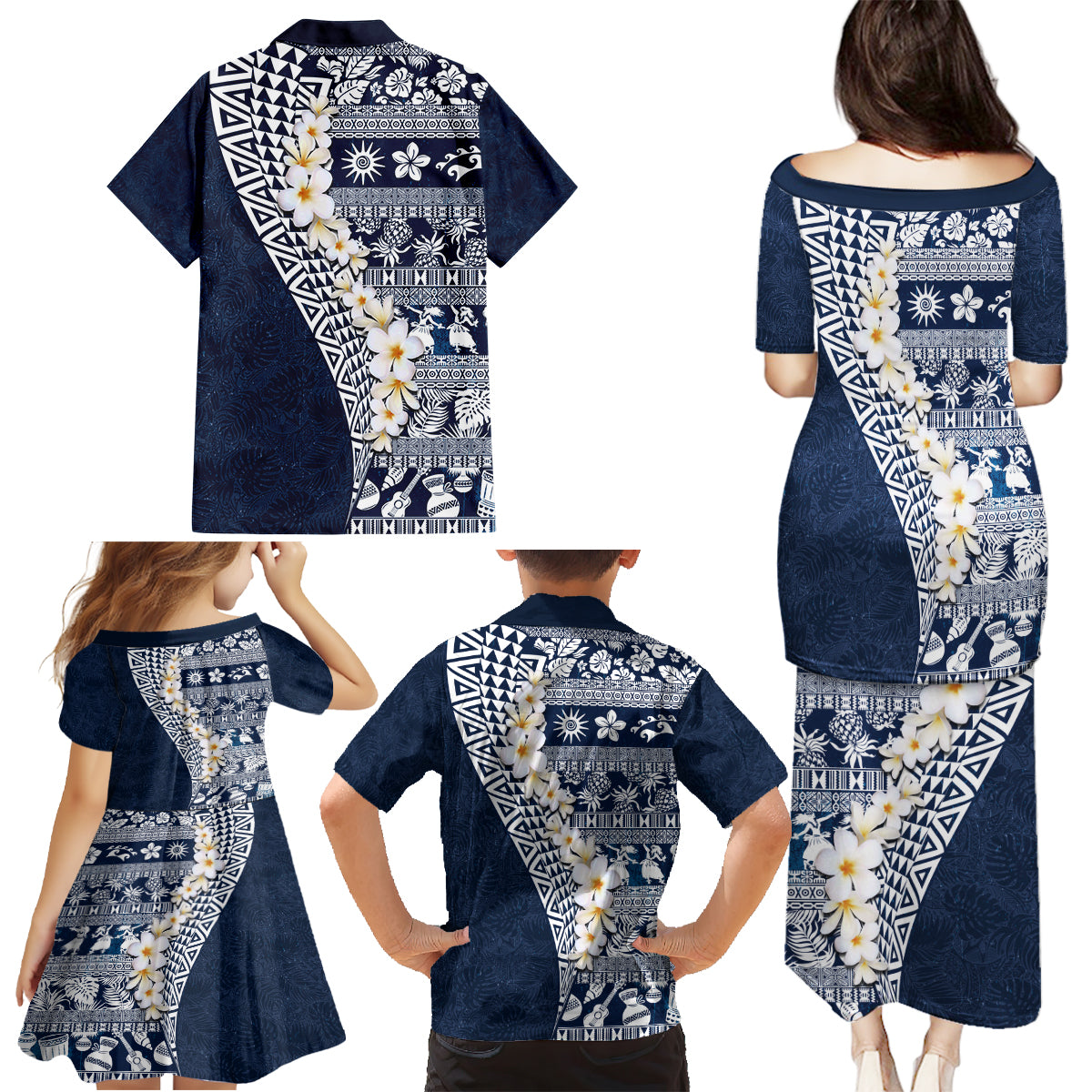 Hawaii Plumeria Tribal Vintage Family Matching Puletasi and Hawaiian Shirt Special Blue LT03 - Polynesian Pride