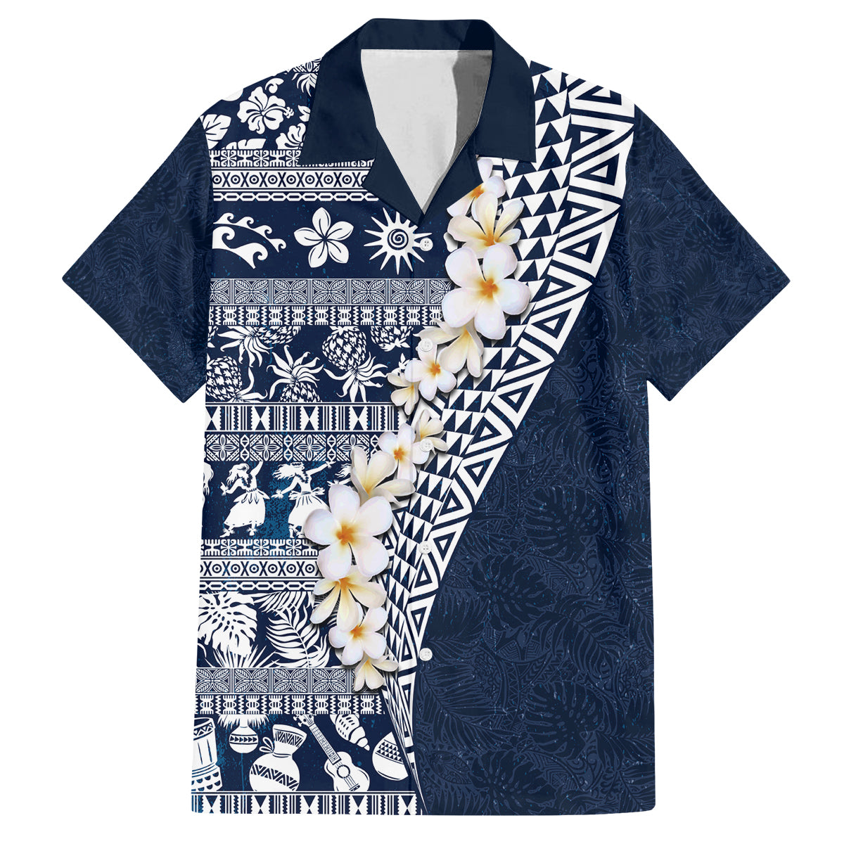 Hawaii Plumeria Tribal Vintage Family Matching Puletasi and Hawaiian Shirt Special Blue LT03 Dad's Shirt - Short Sleeve Blue - Polynesian Pride