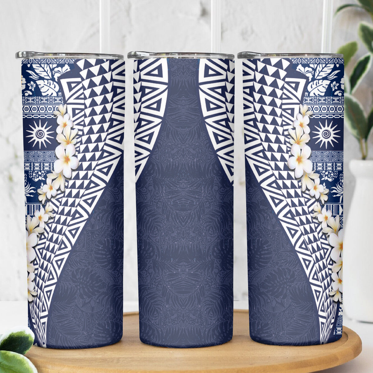 Hawaii Plumeria Tribal Vintage Skinny Tumbler Special Blue LT03 - Polynesian Pride