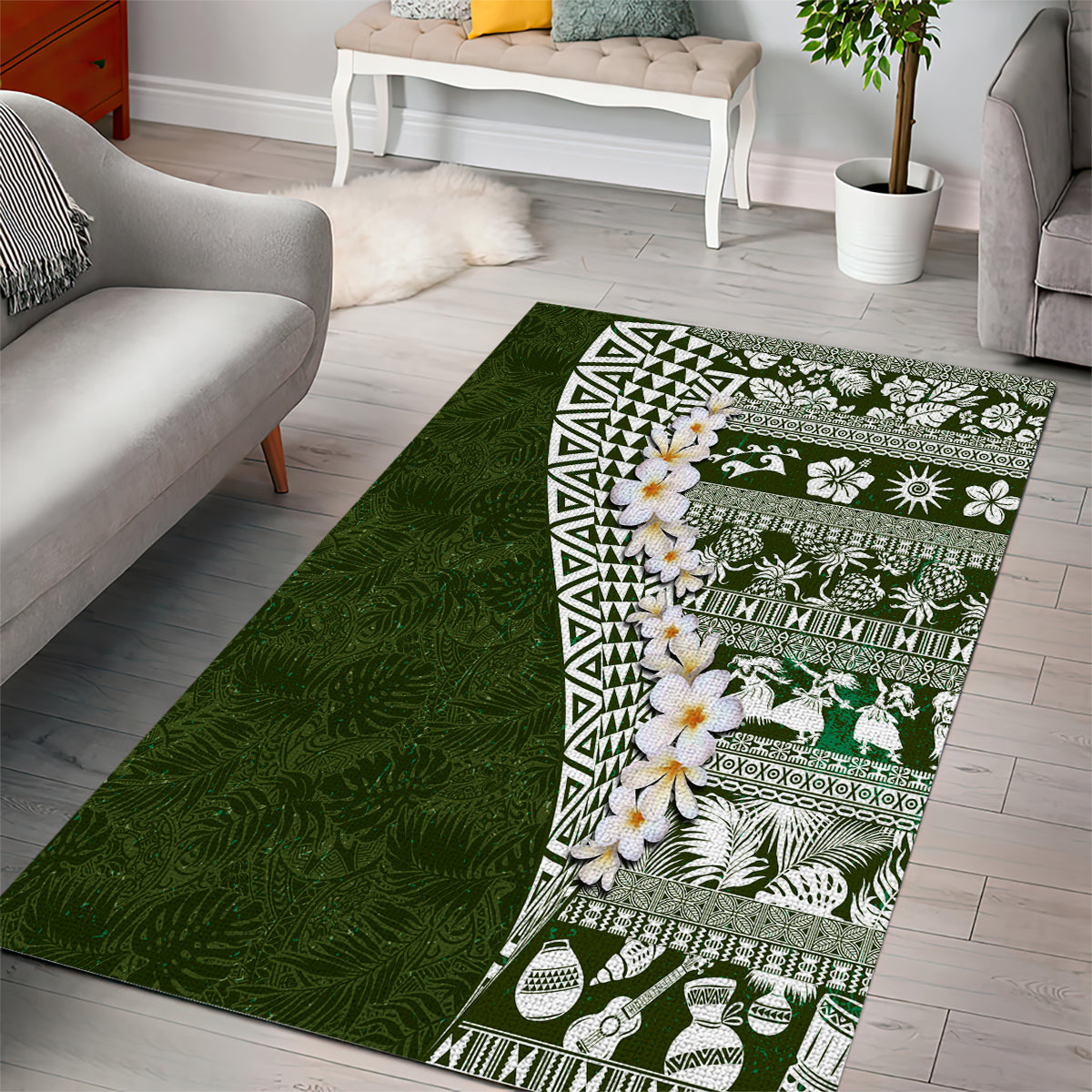 Hawaii Plumeria Tribal Vintage Area Rug Special Green LT03 - Polynesian Pride