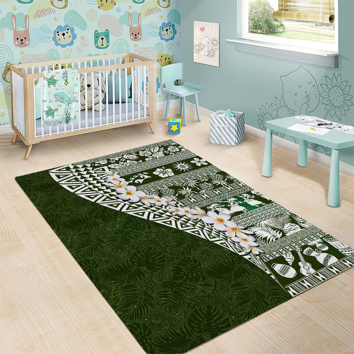Hawaii Plumeria Tribal Vintage Area Rug Special Green LT03 - Polynesian Pride