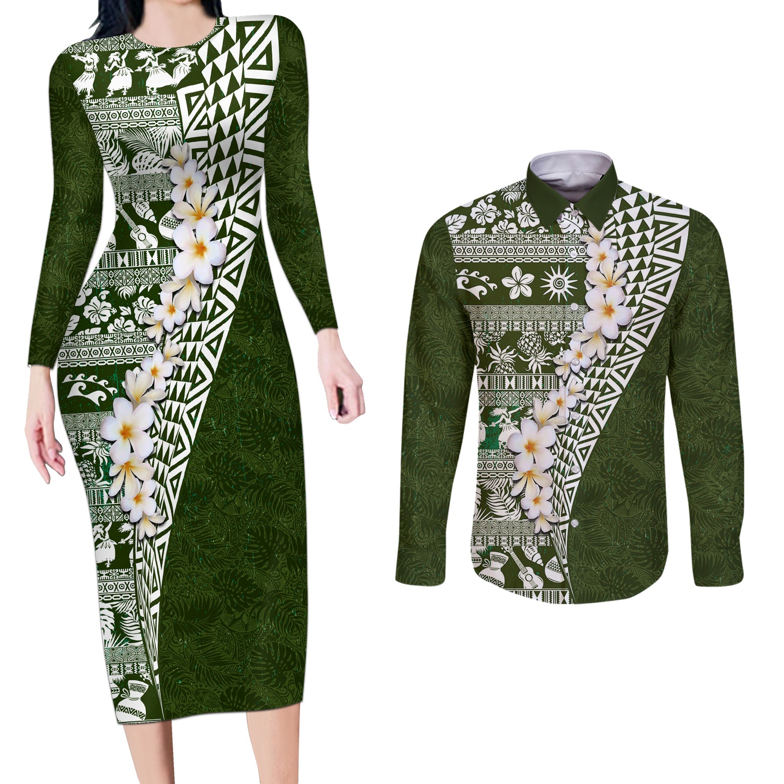 Hawaii Plumeria Tribal Vintage Couples Matching Long Sleeve Bodycon Dress and Long Sleeve Button Shirt Special Green