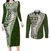 Hawaii Plumeria Tribal Vintage Couples Matching Long Sleeve Bodycon Dress and Long Sleeve Button Shirt Special Green