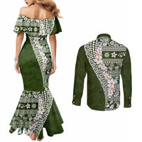 Hawaii Plumeria Tribal Vintage Couples Matching Mermaid Dress and Long Sleeve Button Shirt Special Green