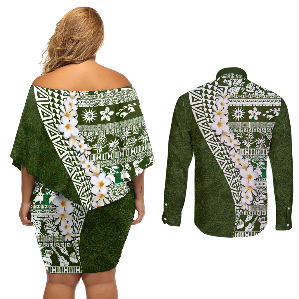 Hawaii Plumeria Tribal Vintage Couples Matching Off Shoulder Short Dress and Long Sleeve Button Shirt Special Green