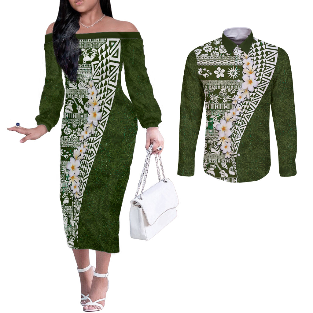Hawaii Plumeria Tribal Vintage Couples Matching Off The Shoulder Long Sleeve Dress and Long Sleeve Button Shirt Special Green