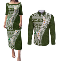 Hawaii Plumeria Tribal Vintage Couples Matching Puletasi and Long Sleeve Button Shirt Special Green LT03 Green - Polynesian Pride