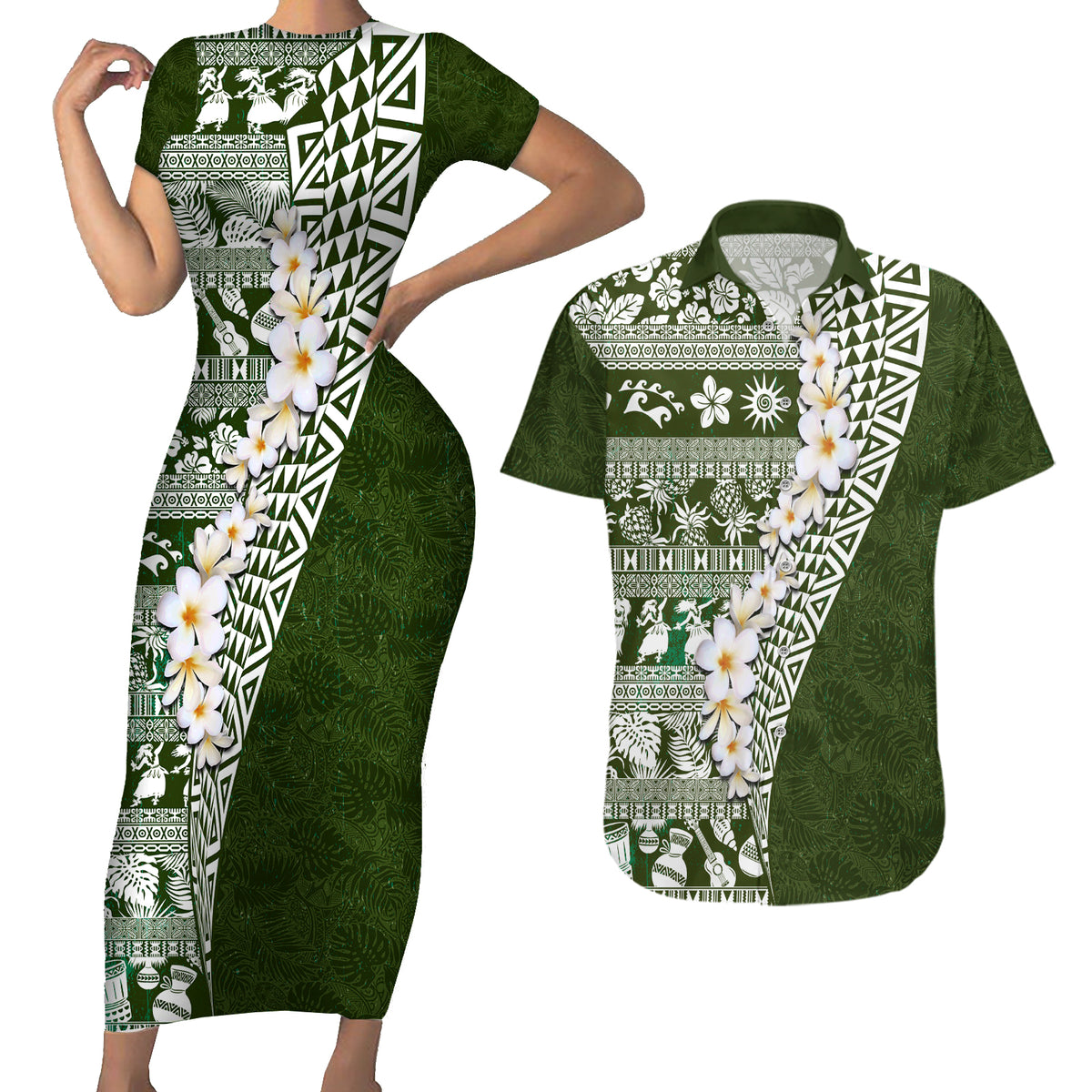 Hawaii Plumeria Tribal Vintage Couples Matching Short Sleeve Bodycon Dress and Hawaiian Shirt Special Green LT03 Green - Polynesian Pride