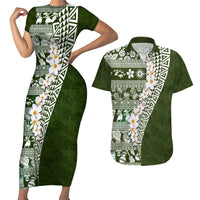 Hawaii Plumeria Tribal Vintage Couples Matching Short Sleeve Bodycon Dress and Hawaiian Shirt Special Green LT03 Green - Polynesian Pride