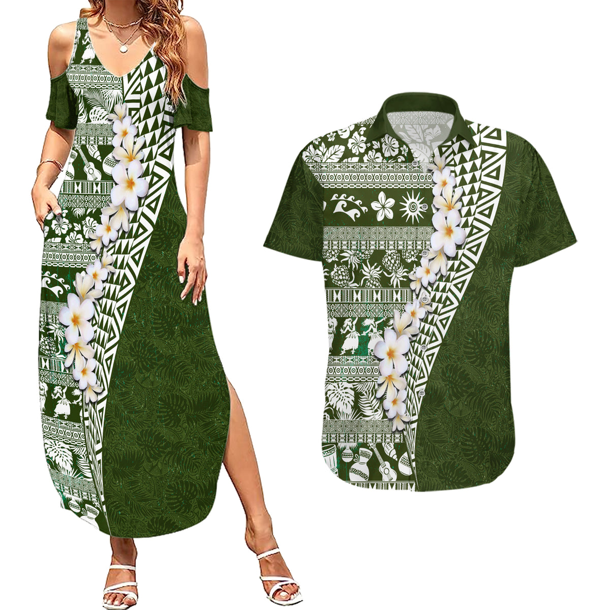 Hawaii Plumeria Tribal Vintage Couples Matching Summer Maxi Dress and Hawaiian Shirt Special Green