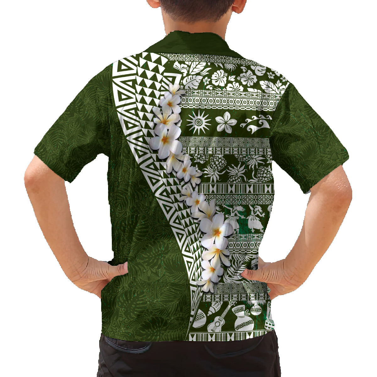 Hawaii Plumeria Tribal Vintage Family Matching Long Sleeve Bodycon Dress and Hawaiian Shirt Special Green LT03 - Polynesian Pride