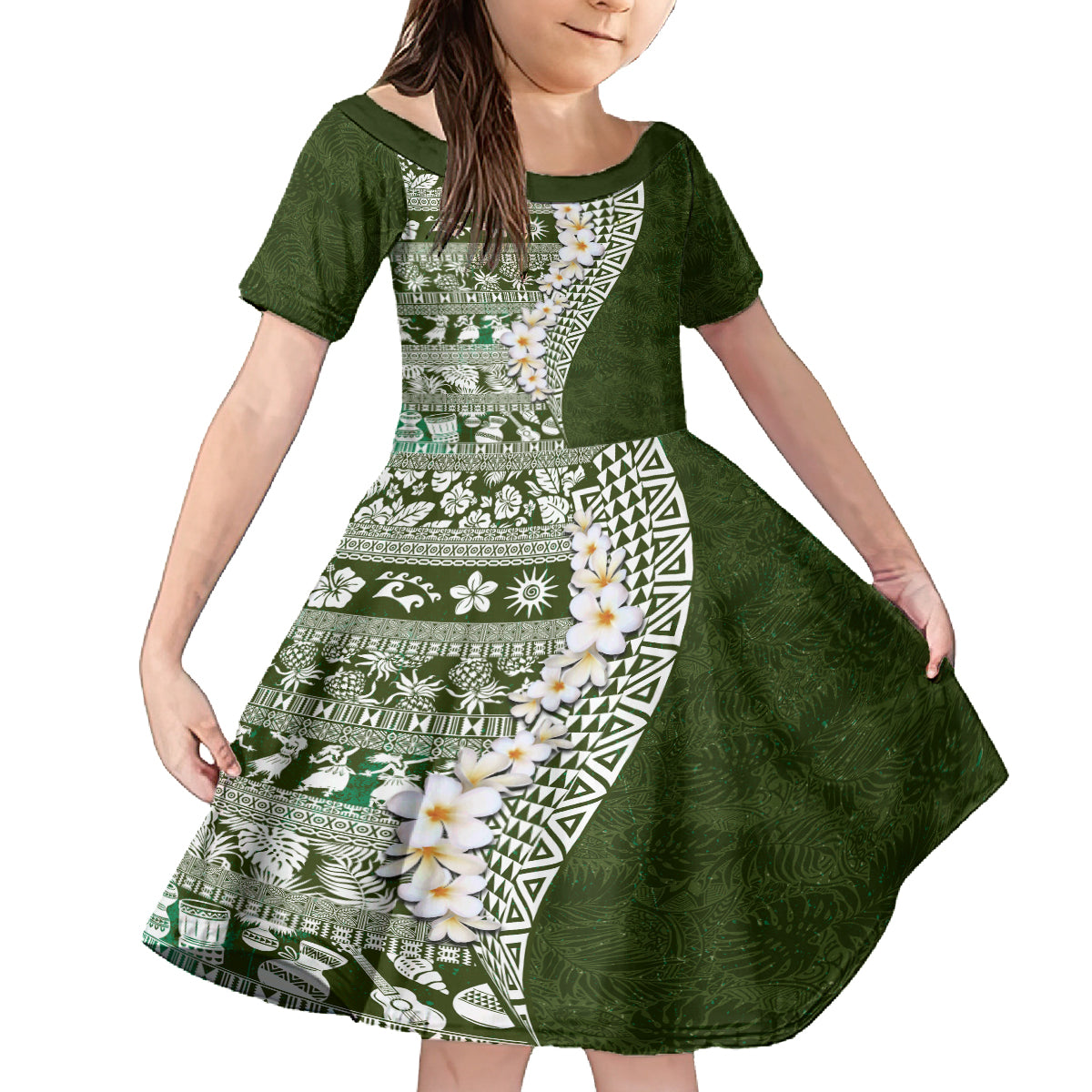 Hawaii Plumeria Tribal Vintage Family Matching Long Sleeve Bodycon Dress and Hawaiian Shirt Special Green LT03 Daughter's Dress Green - Polynesian Pride
