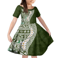 Hawaii Plumeria Tribal Vintage Family Matching Long Sleeve Bodycon Dress and Hawaiian Shirt Special Green LT03 Daughter's Dress Green - Polynesian Pride