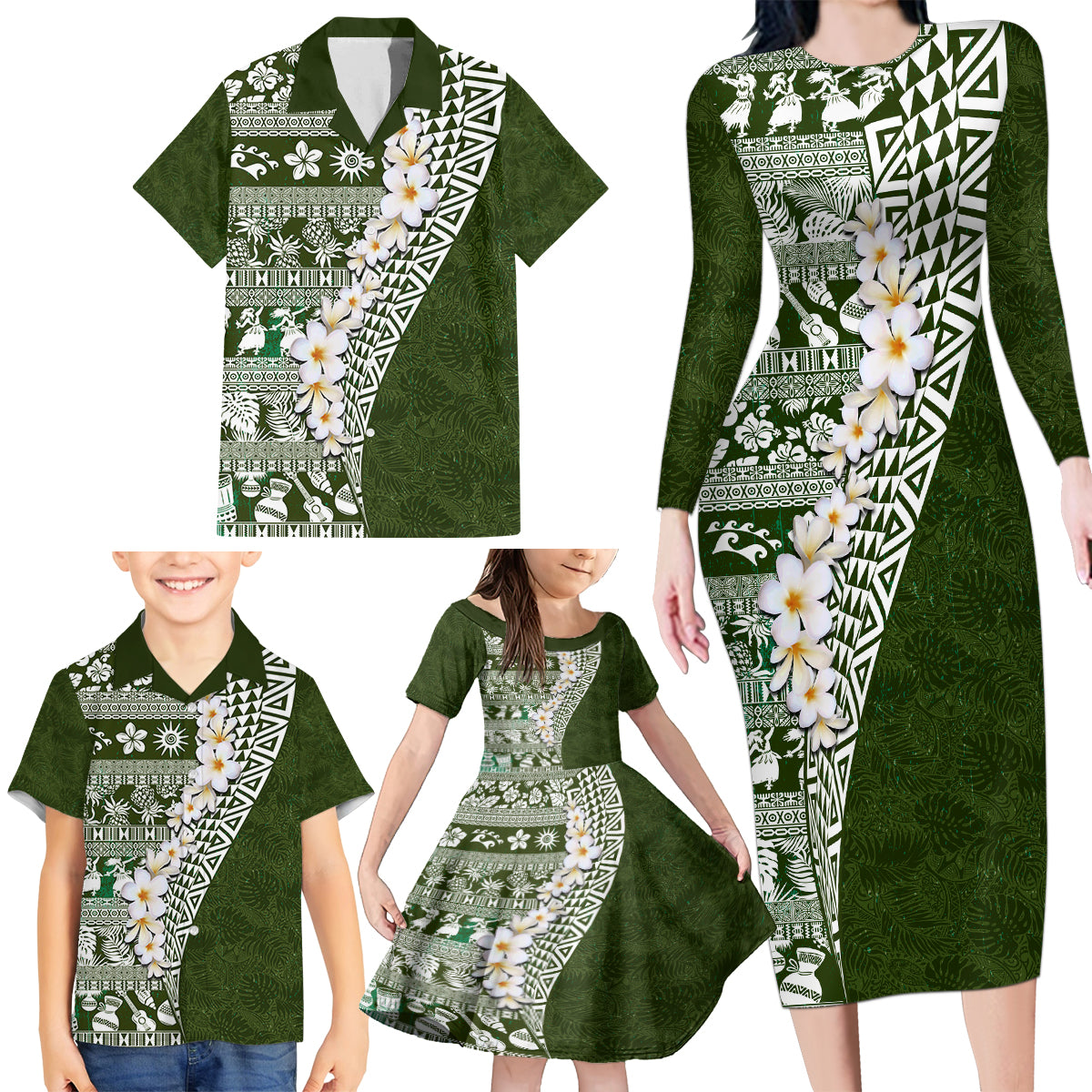 Hawaii Plumeria Tribal Vintage Family Matching Long Sleeve Bodycon Dress and Hawaiian Shirt Special Green LT03 - Polynesian Pride