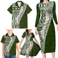 Hawaii Plumeria Tribal Vintage Family Matching Long Sleeve Bodycon Dress and Hawaiian Shirt Special Green LT03 - Polynesian Pride