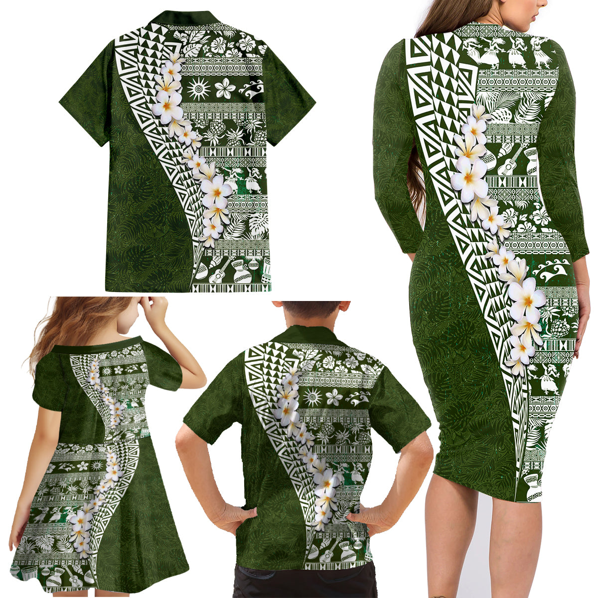 Hawaii Plumeria Tribal Vintage Family Matching Long Sleeve Bodycon Dress and Hawaiian Shirt Special Green LT03 - Polynesian Pride
