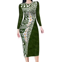 Hawaii Plumeria Tribal Vintage Family Matching Long Sleeve Bodycon Dress and Hawaiian Shirt Special Green LT03 Mom's Dress Green - Polynesian Pride