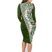Hawaii Plumeria Tribal Vintage Family Matching Long Sleeve Bodycon Dress and Hawaiian Shirt Special Green LT03 - Polynesian Pride