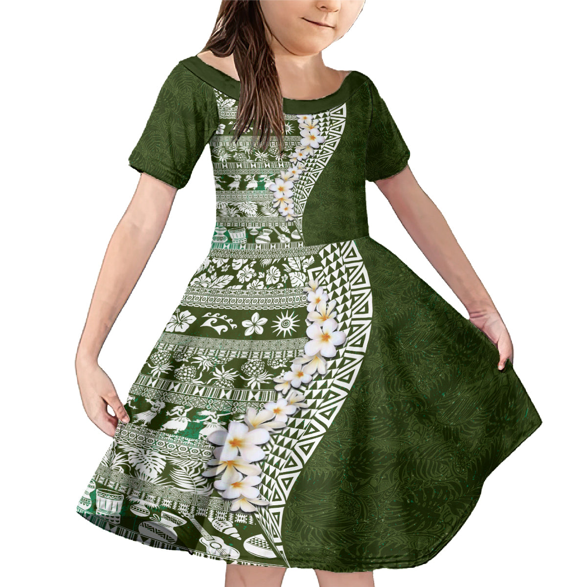 Hawaii Plumeria Tribal Vintage Family Matching Mermaid Dress and Hawaiian Shirt Special Green LT03 Daughter's Dress Green - Polynesian Pride