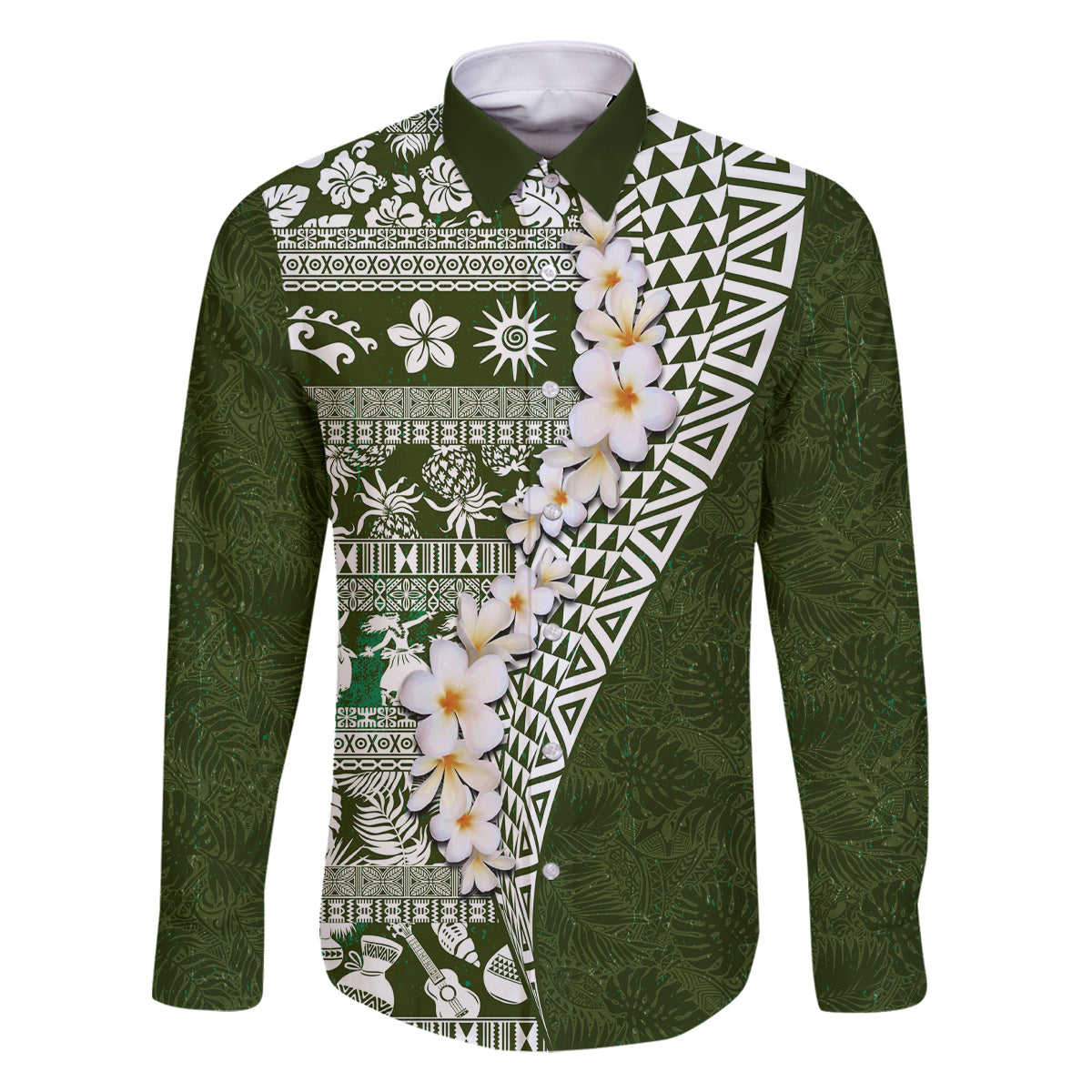 Hawaii Plumeria Tribal Vintage Family Matching Mermaid Dress and Hawaiian Shirt Special Green LT03 Dad's Shirt - Long Sleeve Green - Polynesian Pride