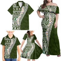 Hawaii Plumeria Tribal Vintage Family Matching Off Shoulder Maxi Dress and Hawaiian Shirt Special Green LT03 - Polynesian Pride