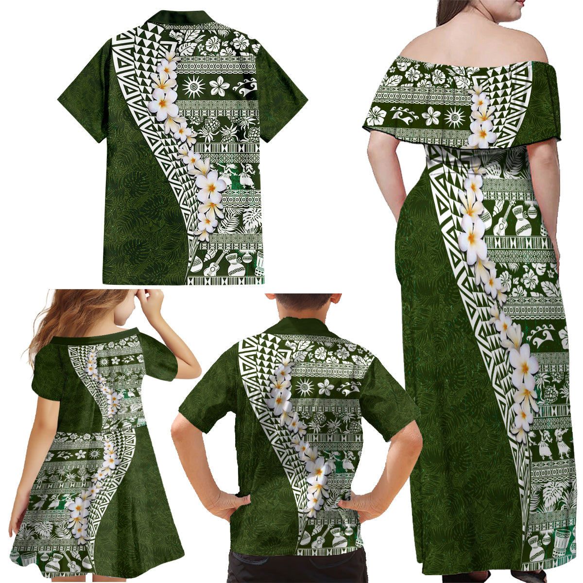 Hawaii Plumeria Tribal Vintage Family Matching Off Shoulder Maxi Dress and Hawaiian Shirt Special Green LT03 - Polynesian Pride