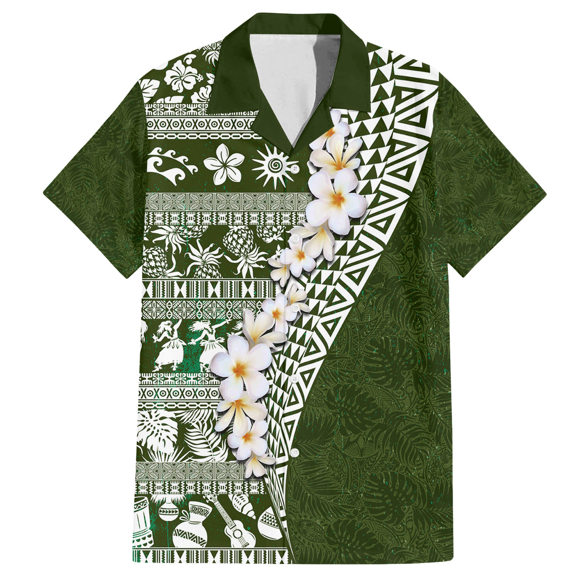 Hawaii Plumeria Tribal Vintage Family Matching Off Shoulder Maxi Dress and Hawaiian Shirt Special Green LT03 Dad's Shirt - Short Sleeve Green - Polynesian Pride
