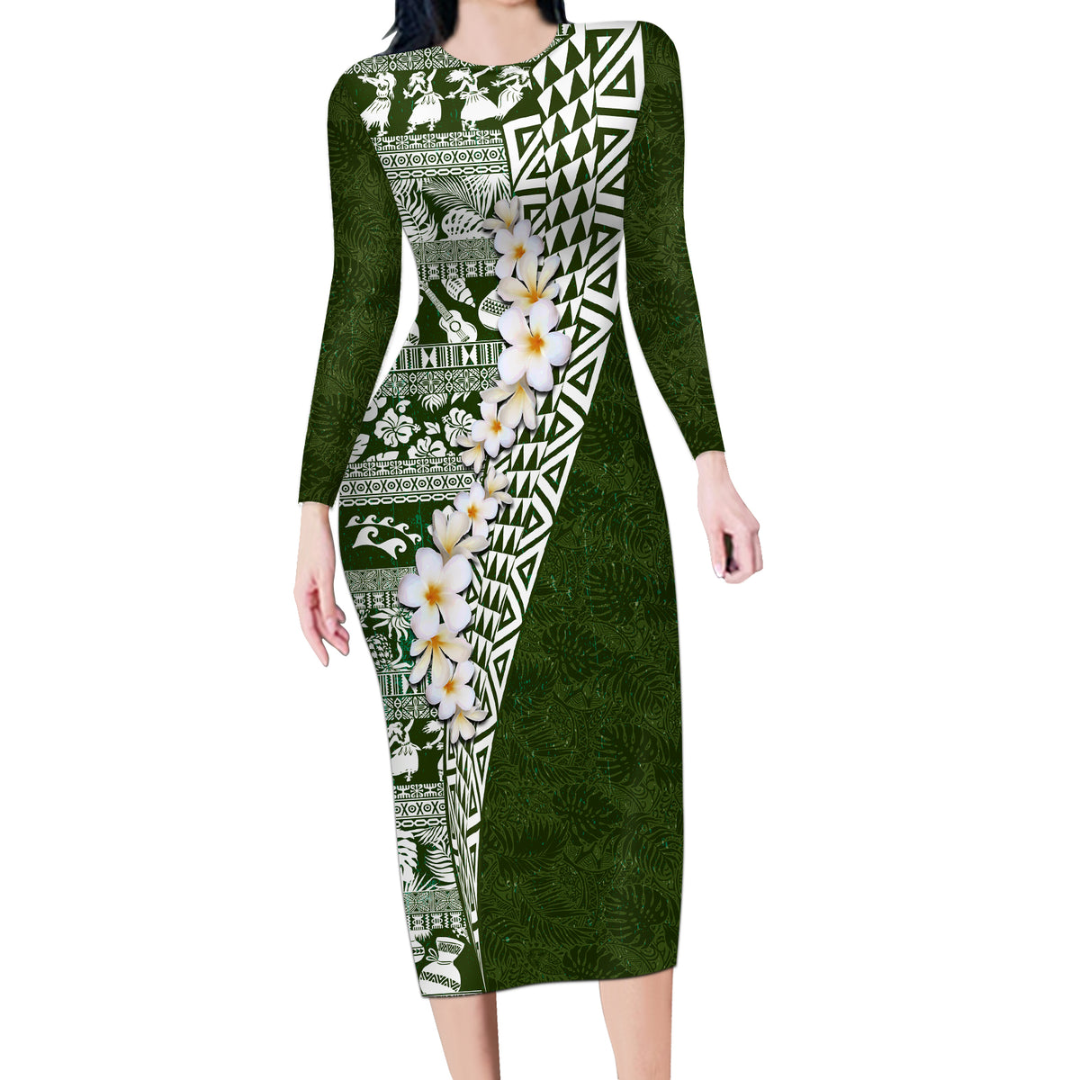 Hawaii Plumeria Tribal Vintage Long Sleeve Bodycon Dress Special Green LT03 Long Dress Green - Polynesian Pride
