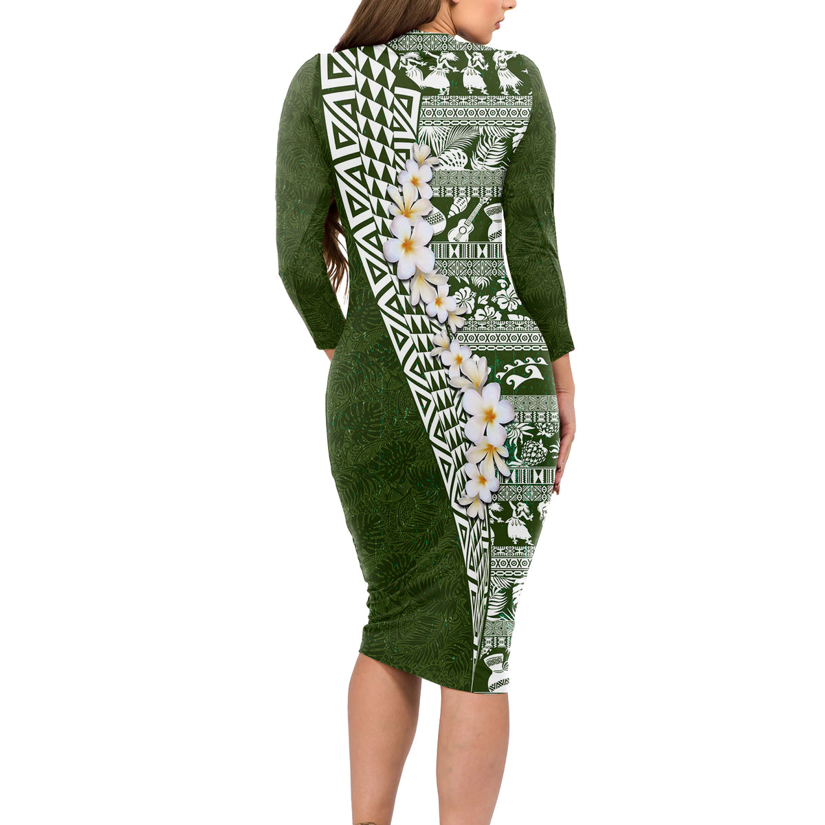 Hawaii Plumeria Tribal Vintage Long Sleeve Bodycon Dress Special Green LT03 - Polynesian Pride