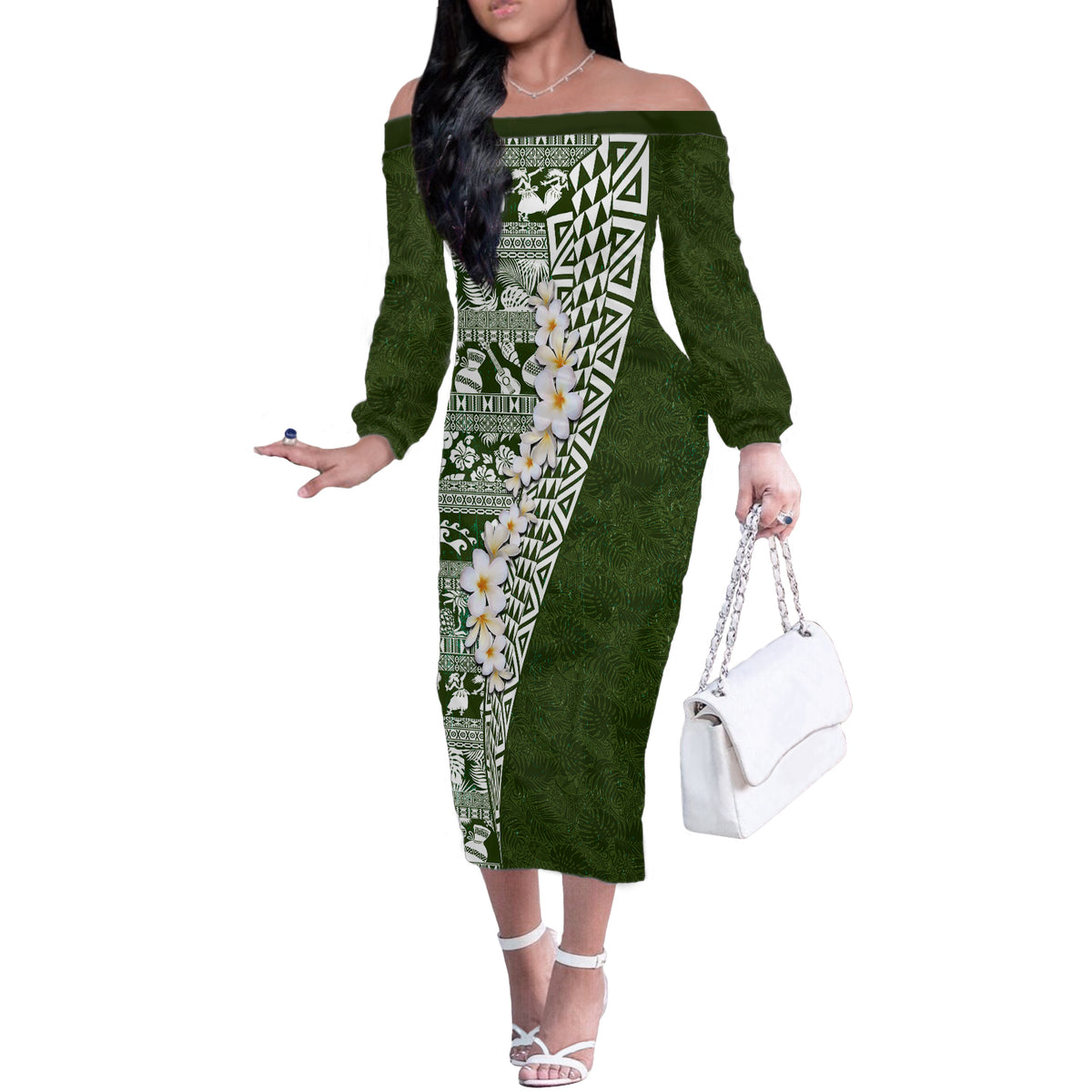 Hawaii Plumeria Tribal Vintage Off The Shoulder Long Sleeve Dress Special Green LT03 Women Green - Polynesian Pride