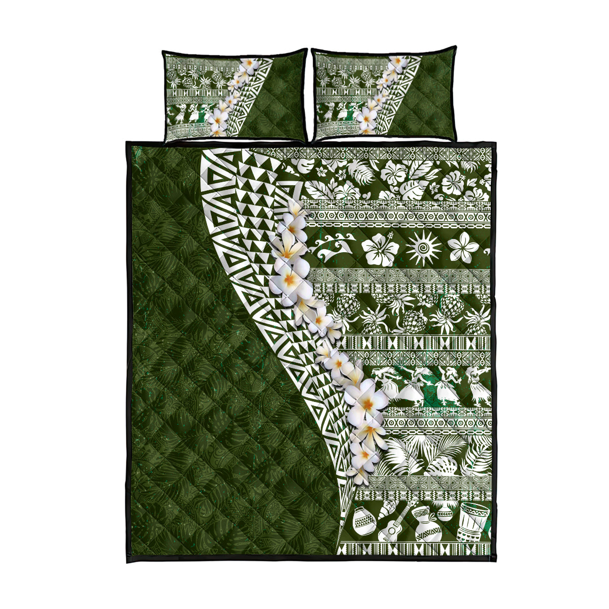 Hawaii Plumeria Tribal Vintage Quilt Bed Set Special Green
