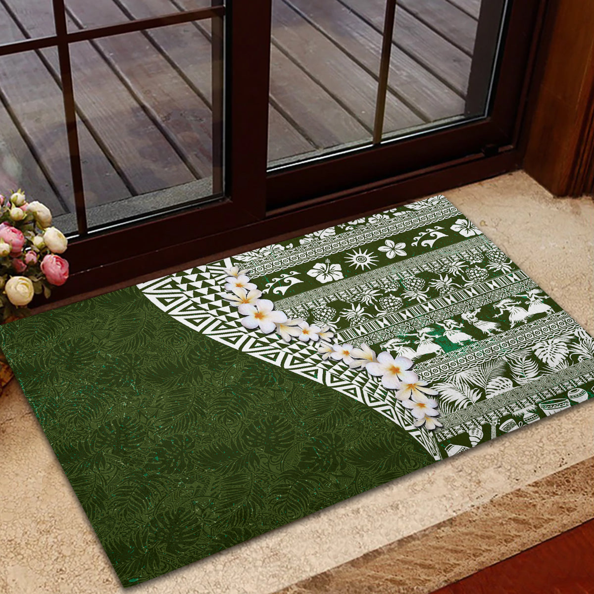 Hawaii Plumeria Tribal Vintage Rubber Doormat Special Green LT03 - Polynesian Pride