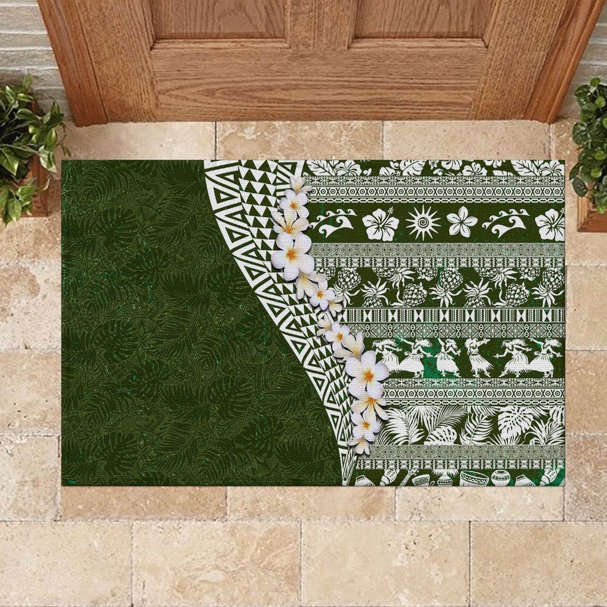 Hawaii Plumeria Tribal Vintage Rubber Doormat Special Green LT03 - Polynesian Pride
