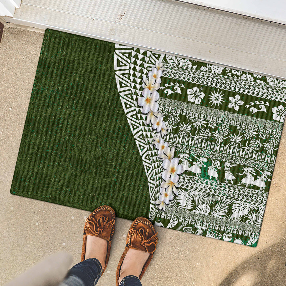 Hawaii Plumeria Tribal Vintage Rubber Doormat Special Green LT03 - Polynesian Pride