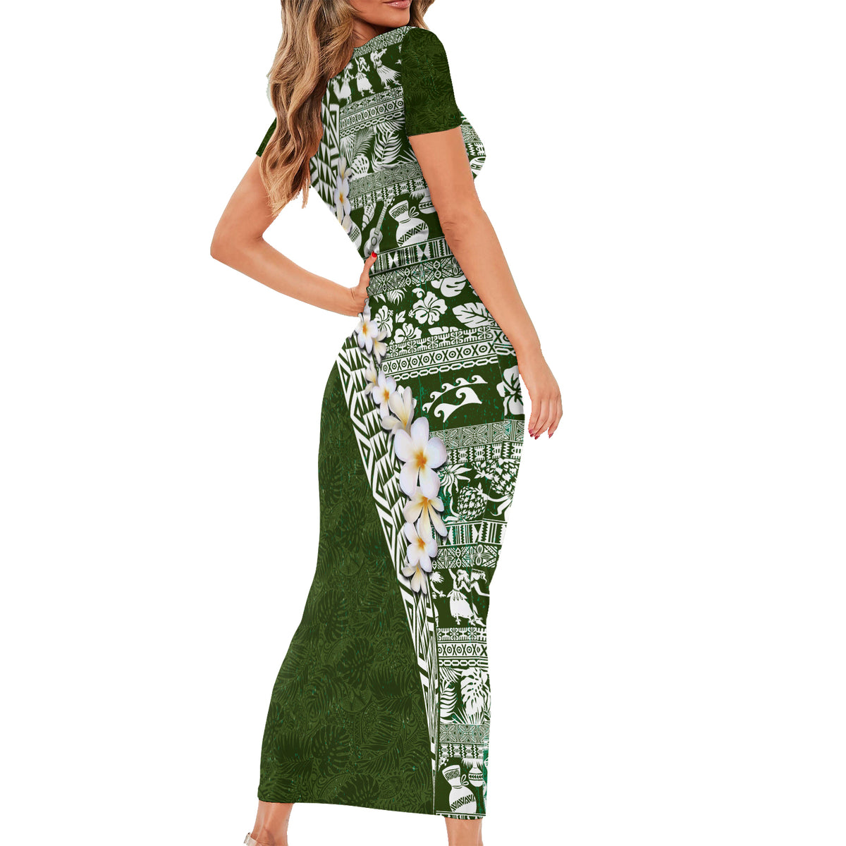 Hawaii Plumeria Tribal Vintage Short Sleeve Bodycon Dress Special Green LT03 - Polynesian Pride
