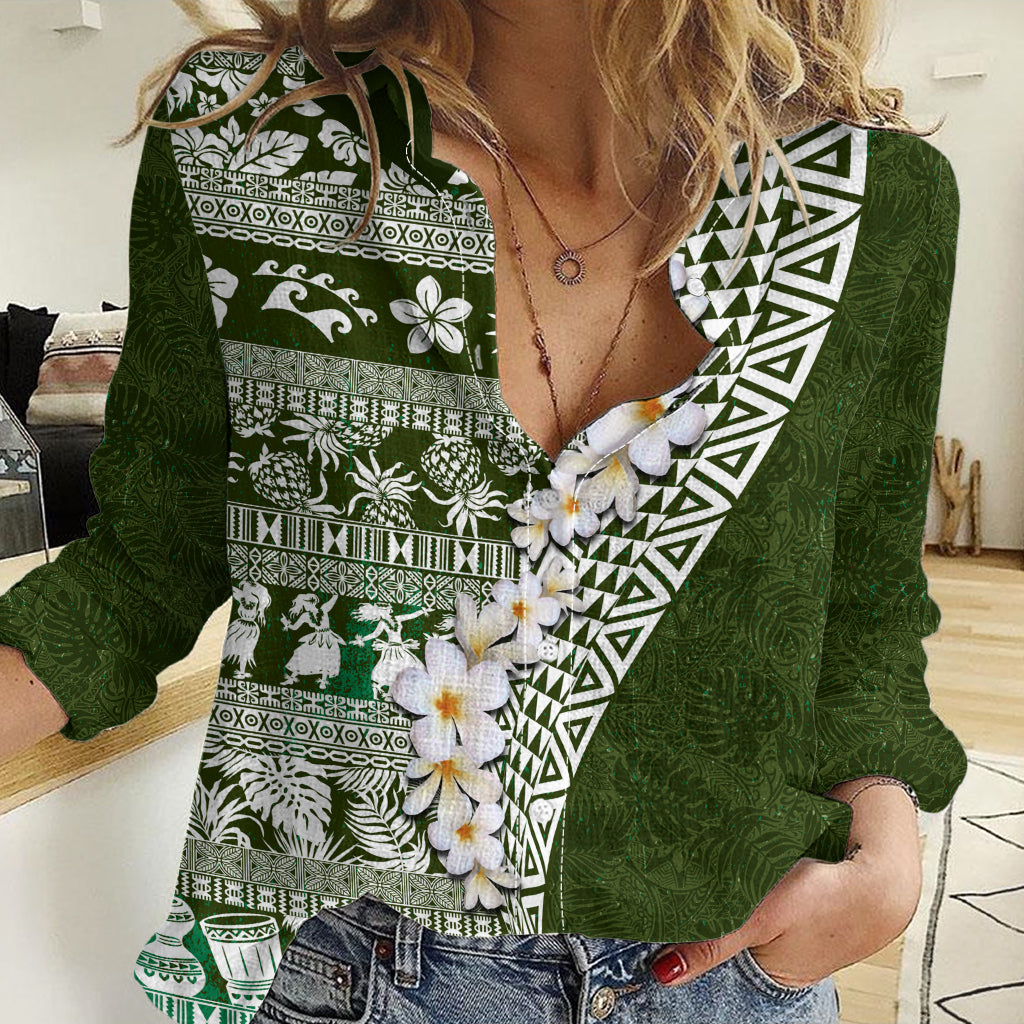 Hawaii Plumeria Tribal Vintage Women Casual Shirt Special Green LT03 Female Green - Polynesian Pride