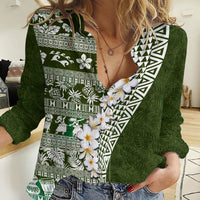 Hawaii Plumeria Tribal Vintage Women Casual Shirt Special Green LT03 Female Green - Polynesian Pride