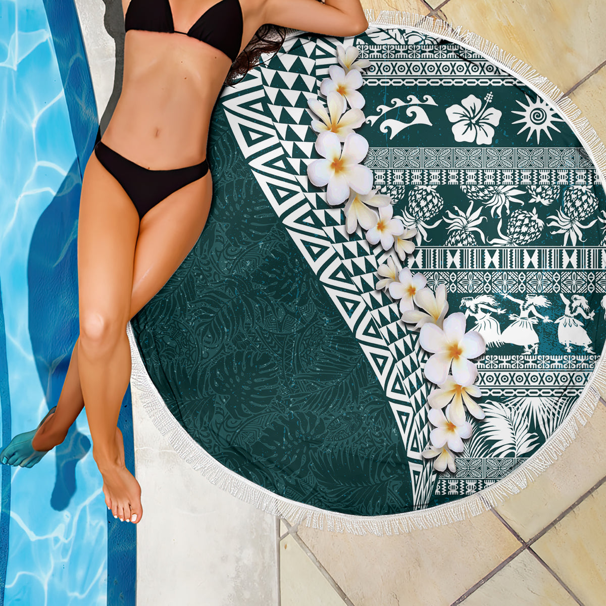 Hawaii Plumeria Tribal Vintage Beach Blanket Special Turquoise