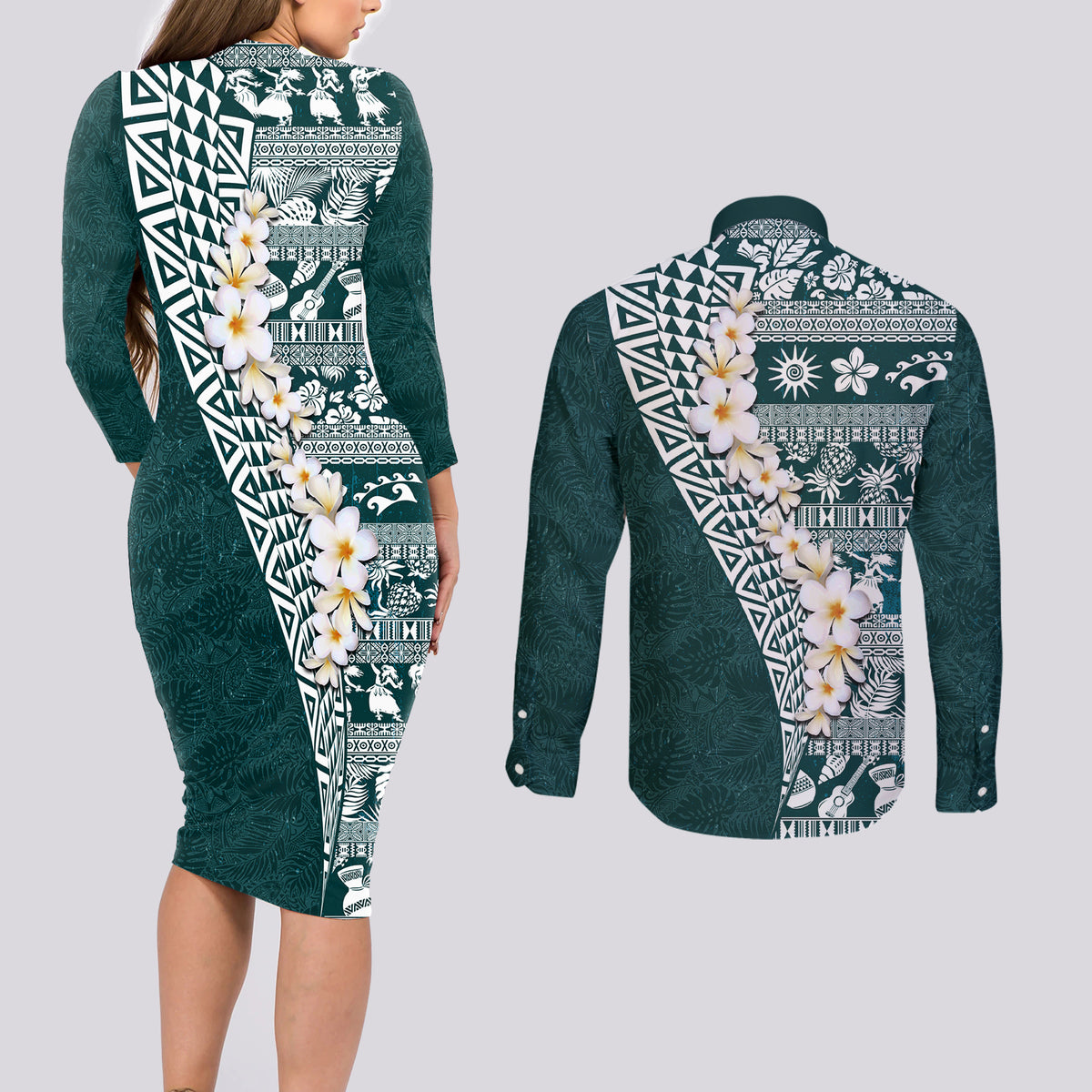 Hawaii Plumeria Tribal Vintage Couples Matching Long Sleeve Bodycon Dress and Long Sleeve Button Shirt Special Turquoise